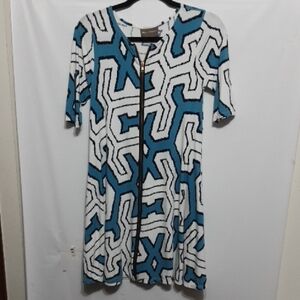 BEL KAZAN ART TO WEAR Geometric Blue and White Dress